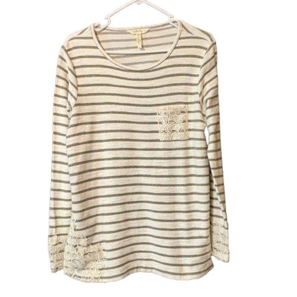 Matilda Jane Top Womens M Ivory Gray Striped Floral Lace Boho CottageCore